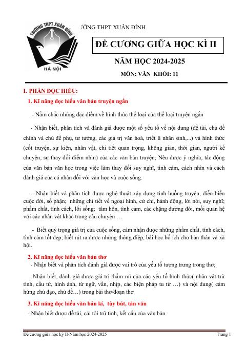 Đề cương ôn tập Giữa kì 2 Ngữ văn 11 năm 2024–2025 trường THPT Xuân Đỉnh (Hà Nội)